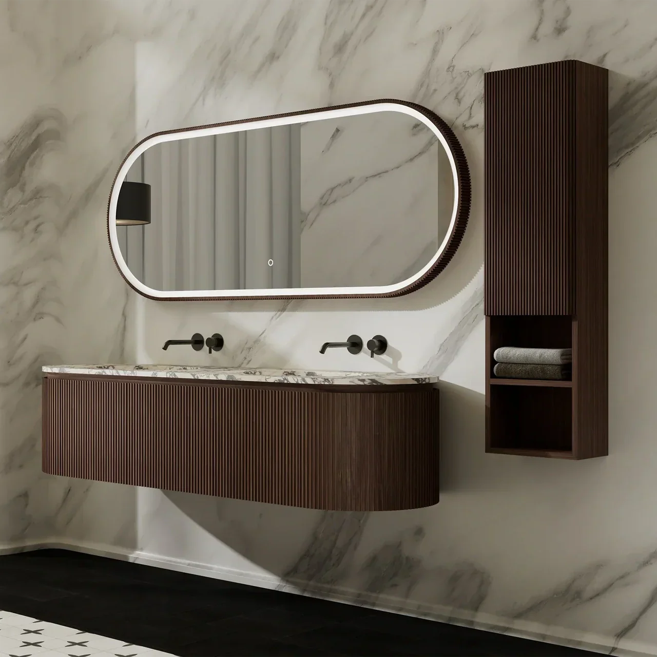 Walnut double vanity units with mirror in a modern bathroom, combining elegant storage and luxurious marble countertop.