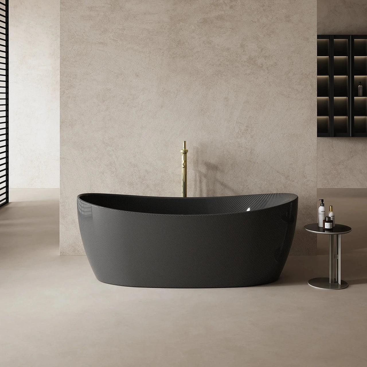 Modern freestanding carbon fiber bathtub in a minimalist bathroom, highlighting sleek design and luxury.