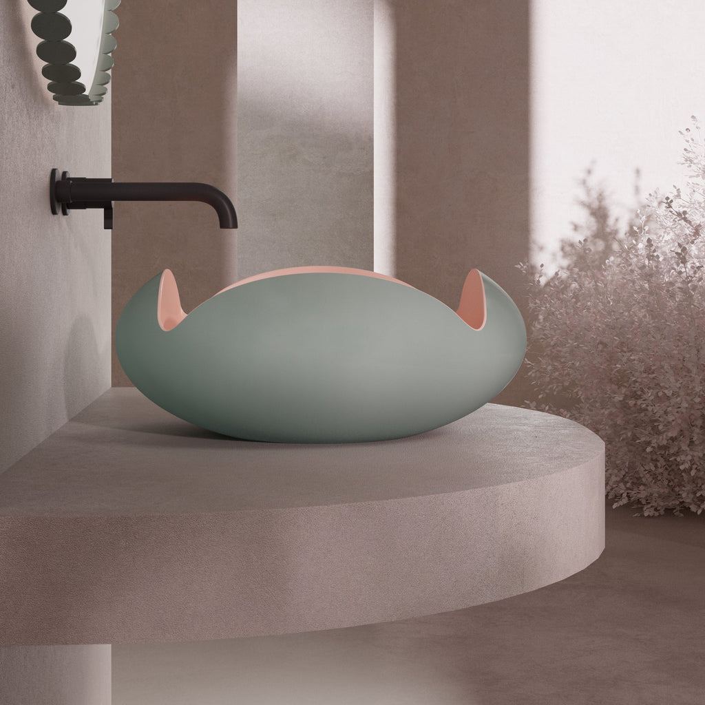 MonBlariFLOWERSeriesGreenPedestalBasinSideViewPanorama-450x450x190mm-Scenario