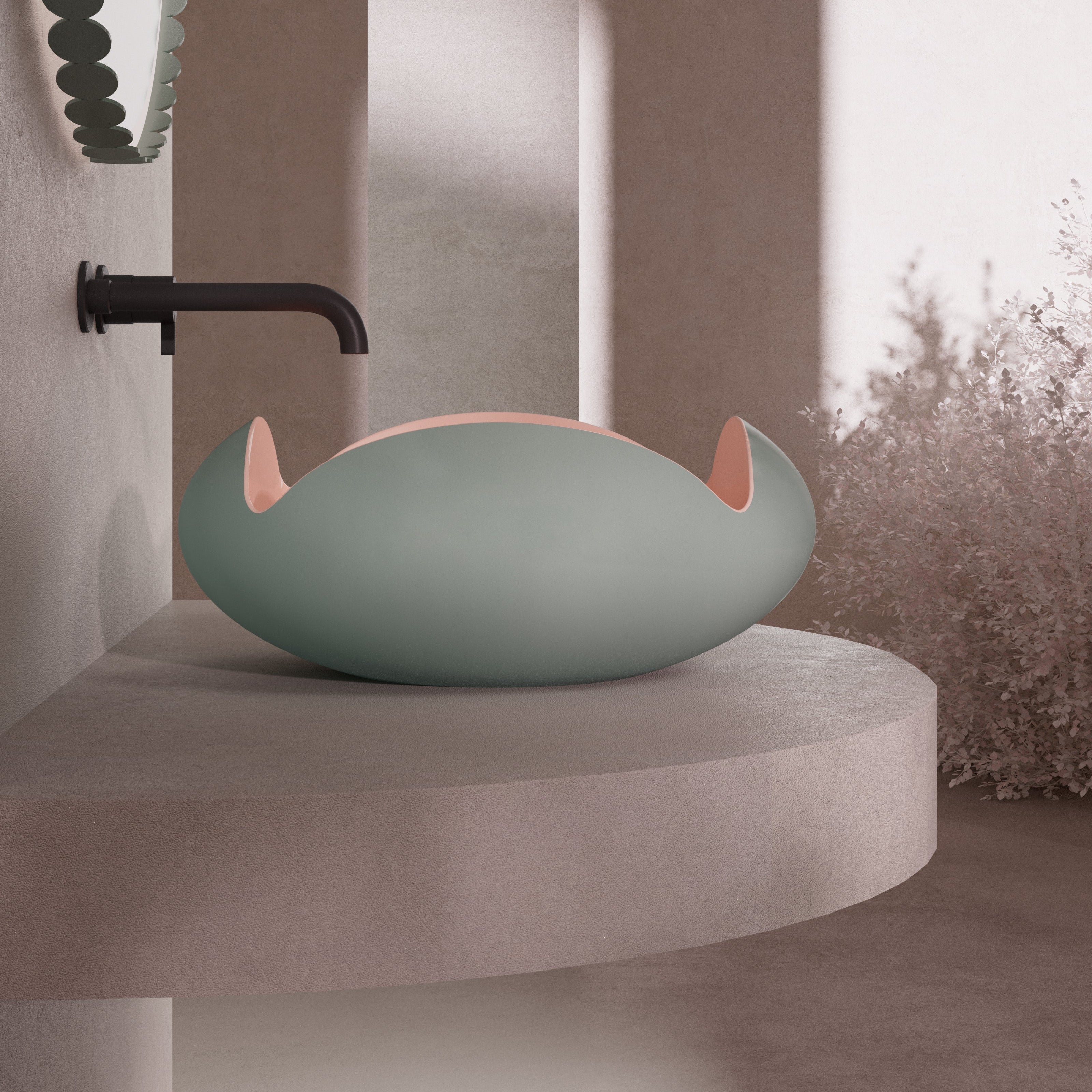 MonBlariFLOWERSeriesGreenPedestalBasinSideViewPanorama-450x450x190mm-Scenario