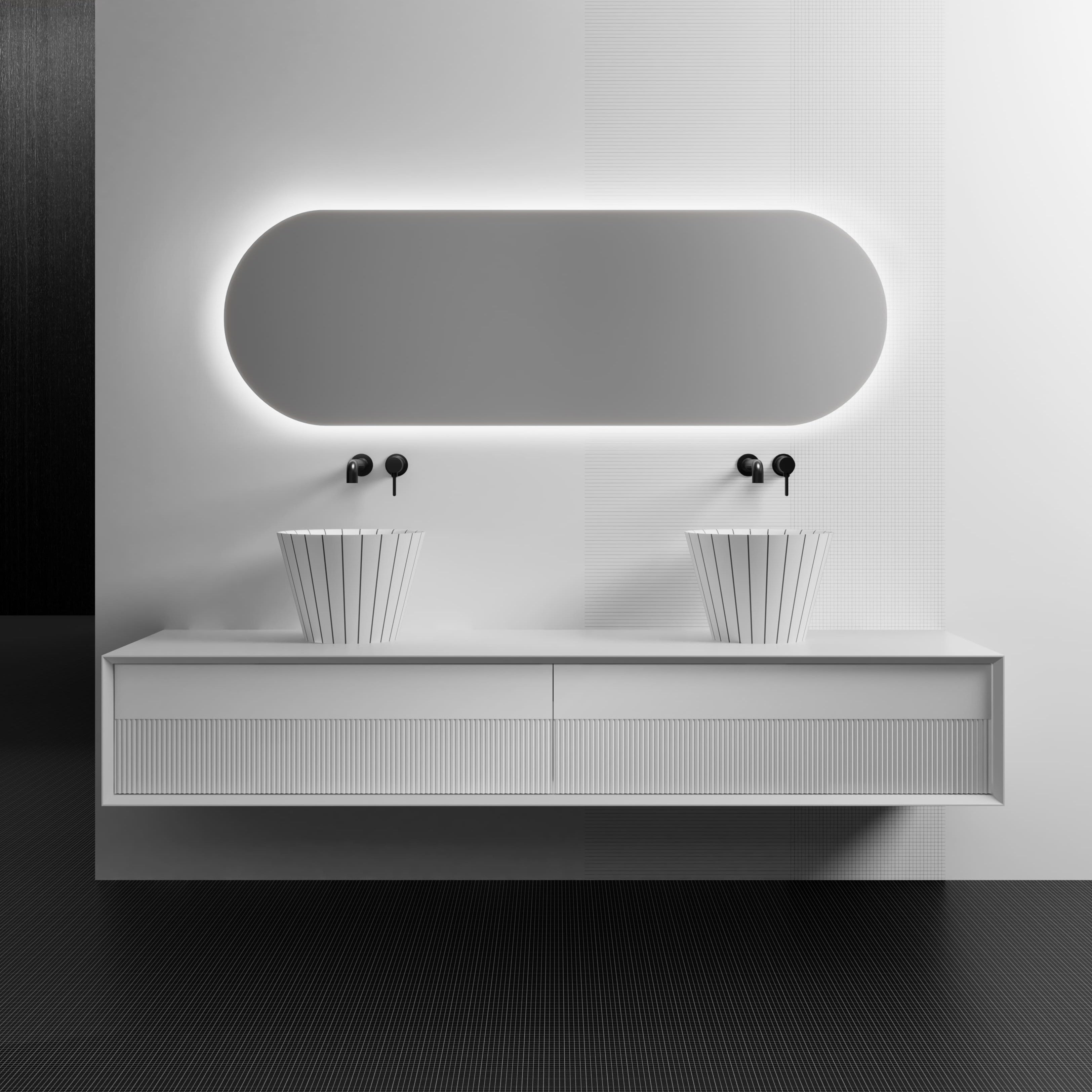 MonBlariSWINGSeriesMatteWhiteBathroomCabinetSetFrontViewPanorama-Scenario