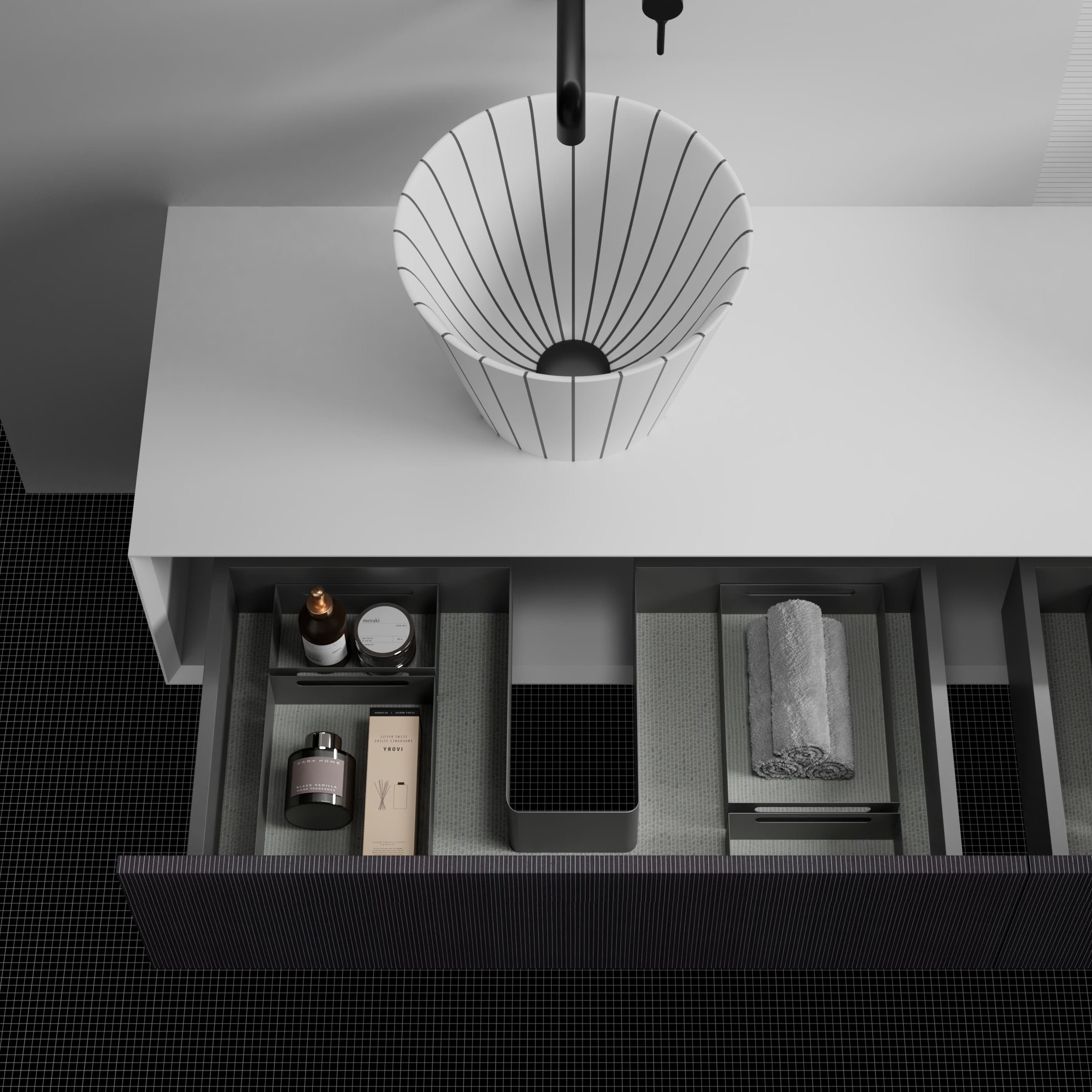 MonBlariSWINGSeriesMatteWhite_MoonstoneGreyBathroomCabinetSetDiagonalTopViewPanorama