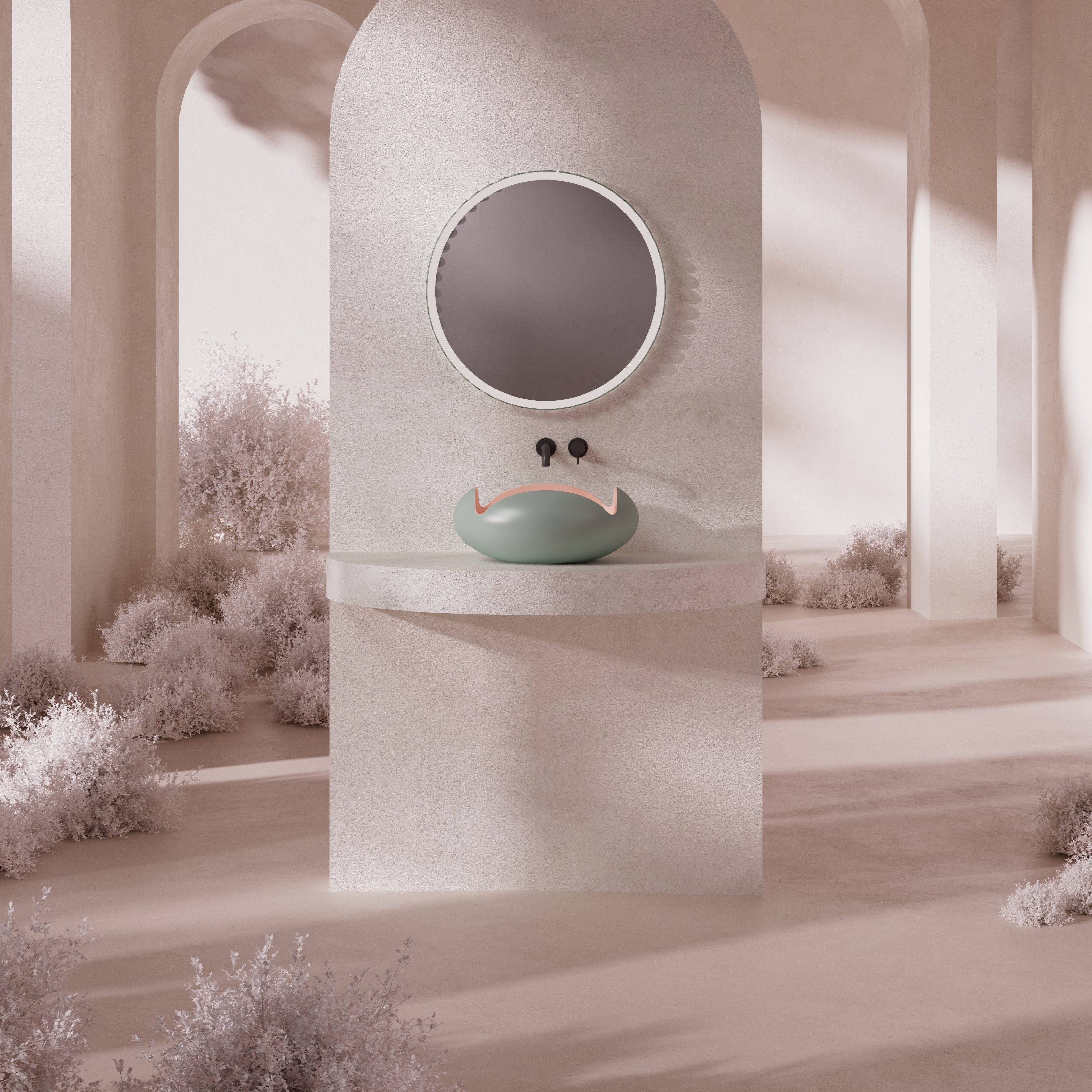 MonBlari FLOWER Series Green Bathroom Basin Front View Panorama-450x450x190mm-Scenario