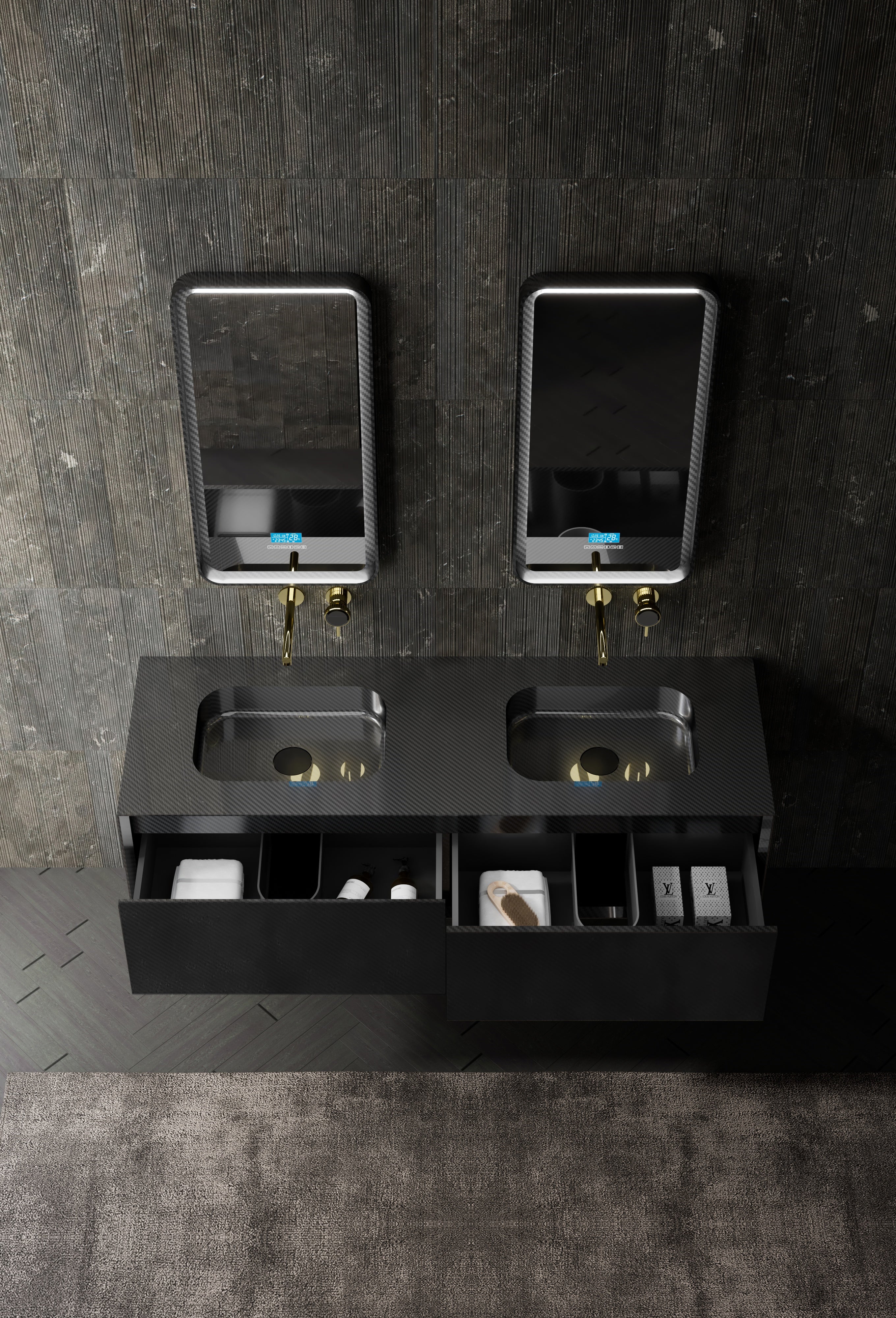 MonBlari MC-V9962 carbon fiber vanity units with mirror-1400mm top view close-up