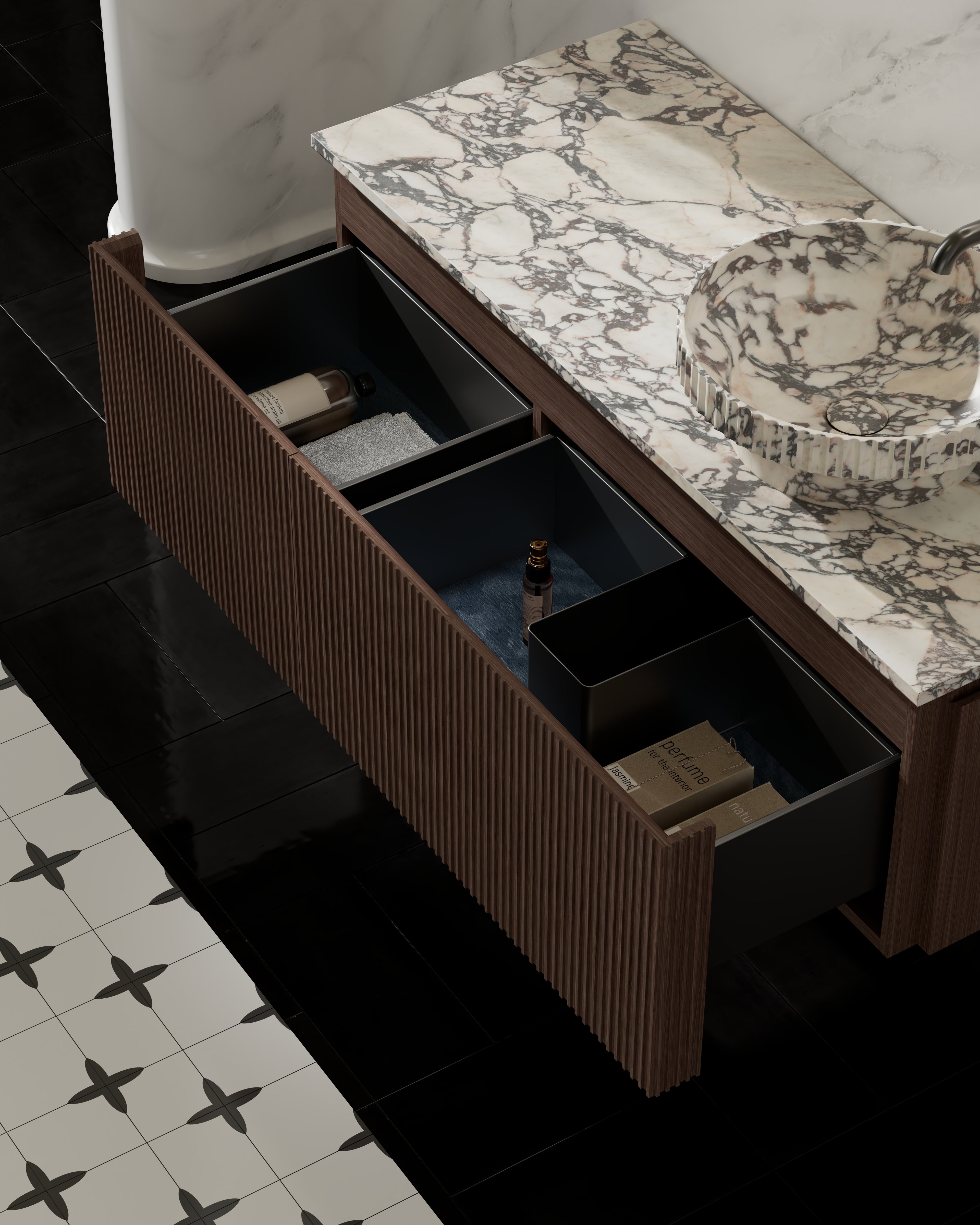 MonBlari MW-V0633M walnut bathroom vanity diagonal view close-up