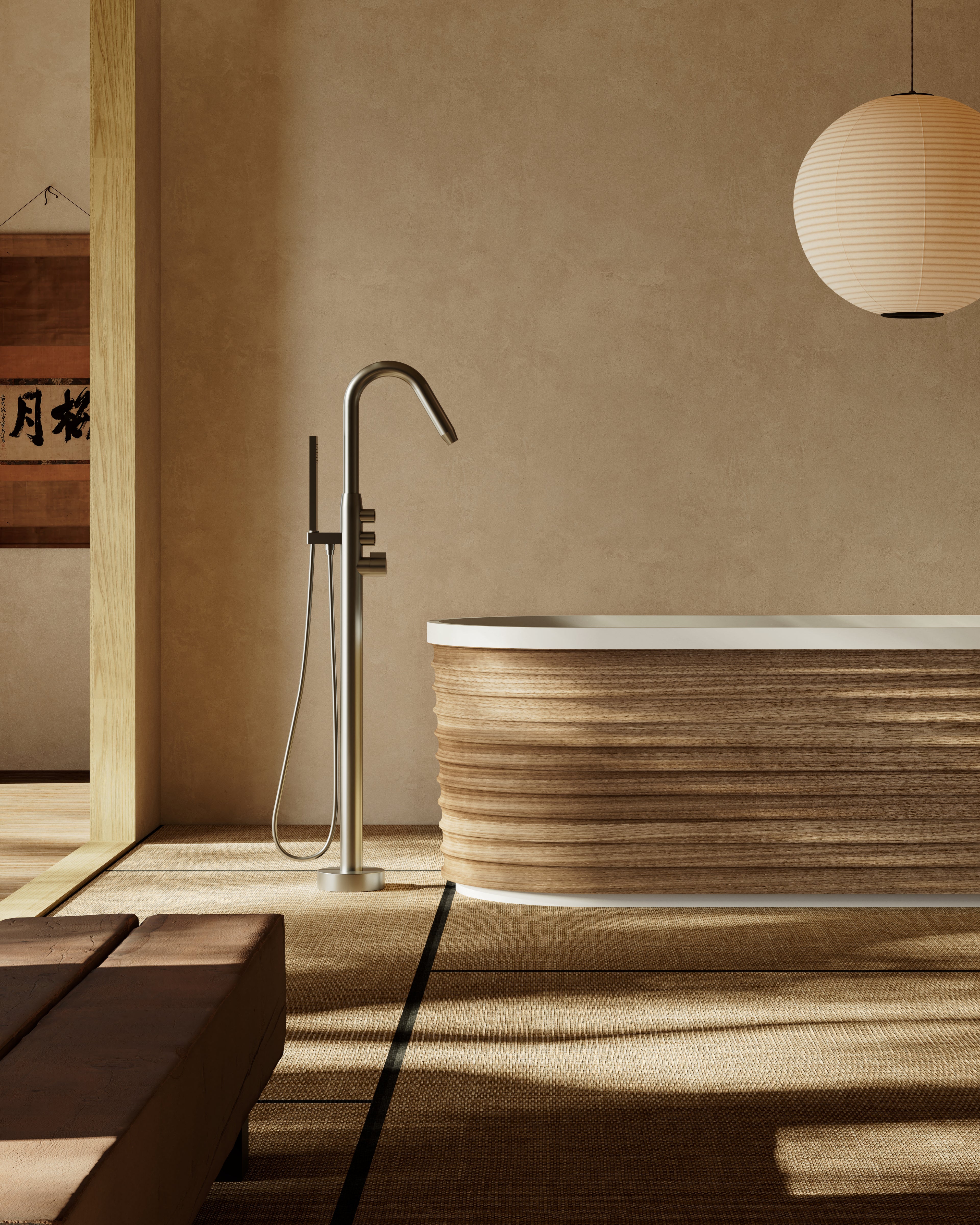 MonBlari TW-M51 Bath – Acrylic Tub with Wood Veneer Finish Left Side View, Close-up