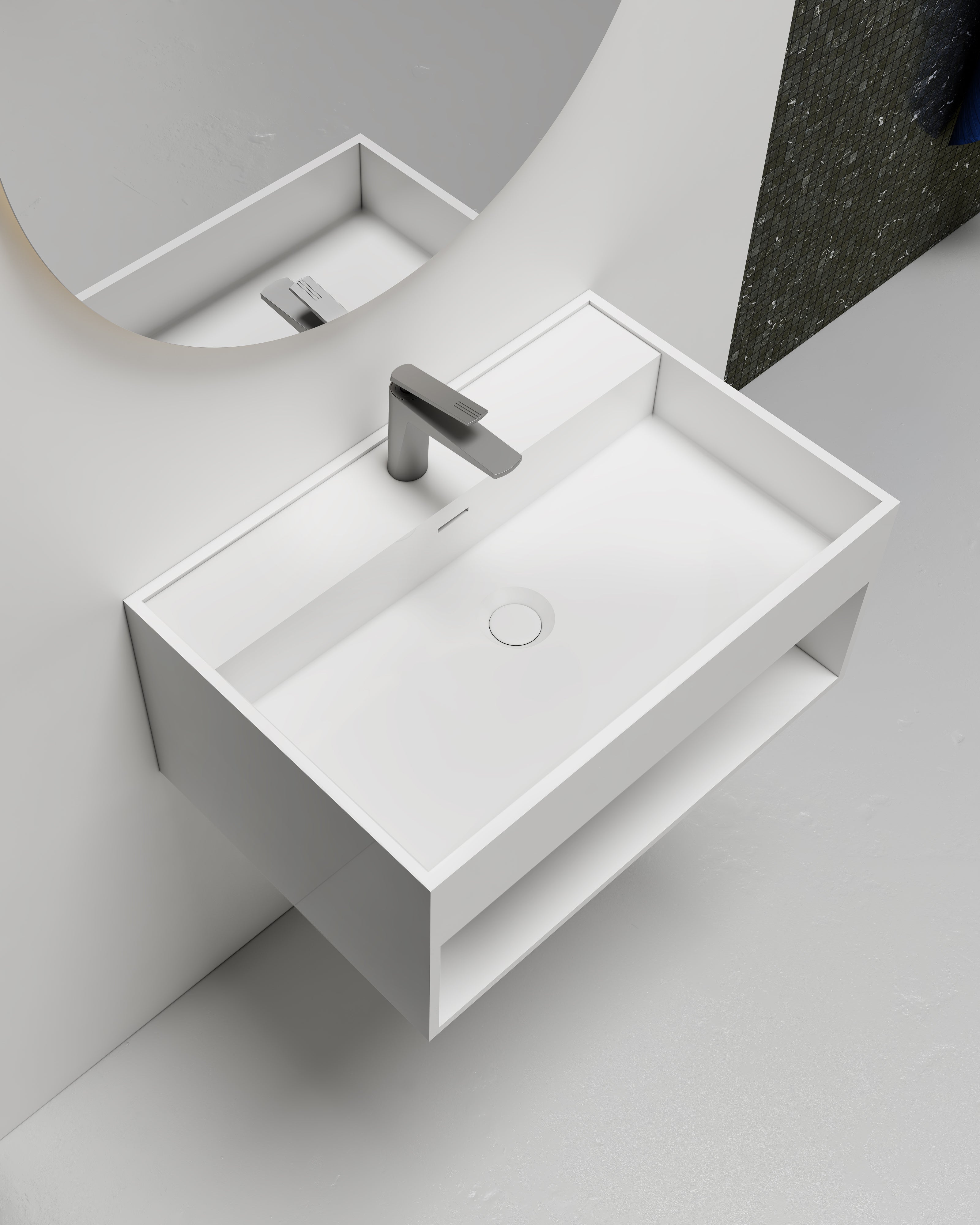MonBlari XA-G72 solid surface wall-mounted basin side top view close-up