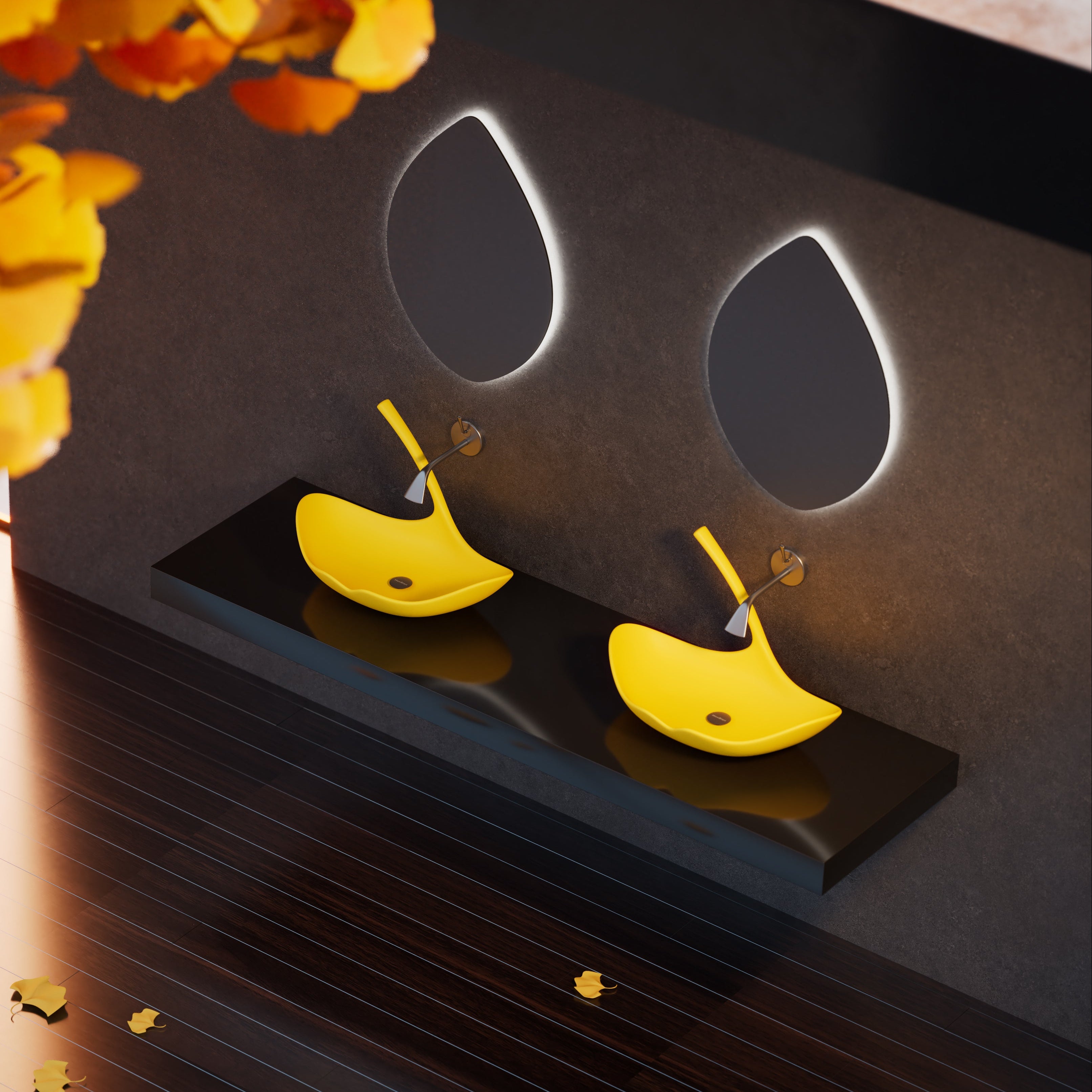 MonBlari GINKNOVA Series Vessel Basin Diagonal Top View Panorama-Ginkgo Yellow-Scenario