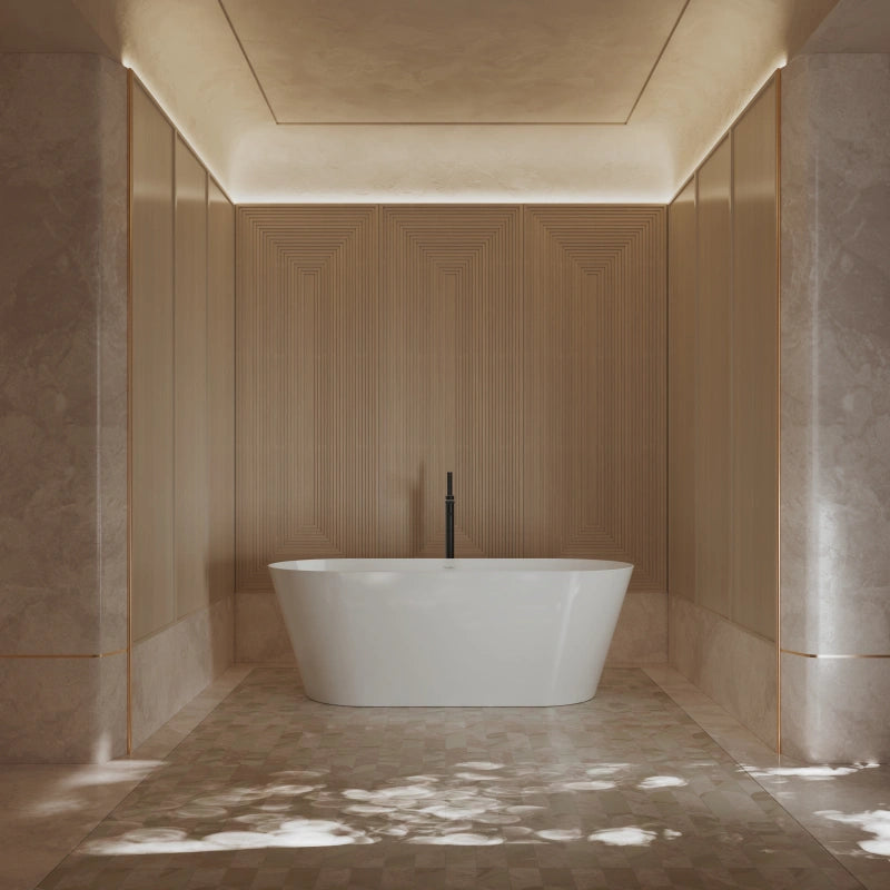 Wide oval freestanding bathtub with modern curved design for luxury bathroom